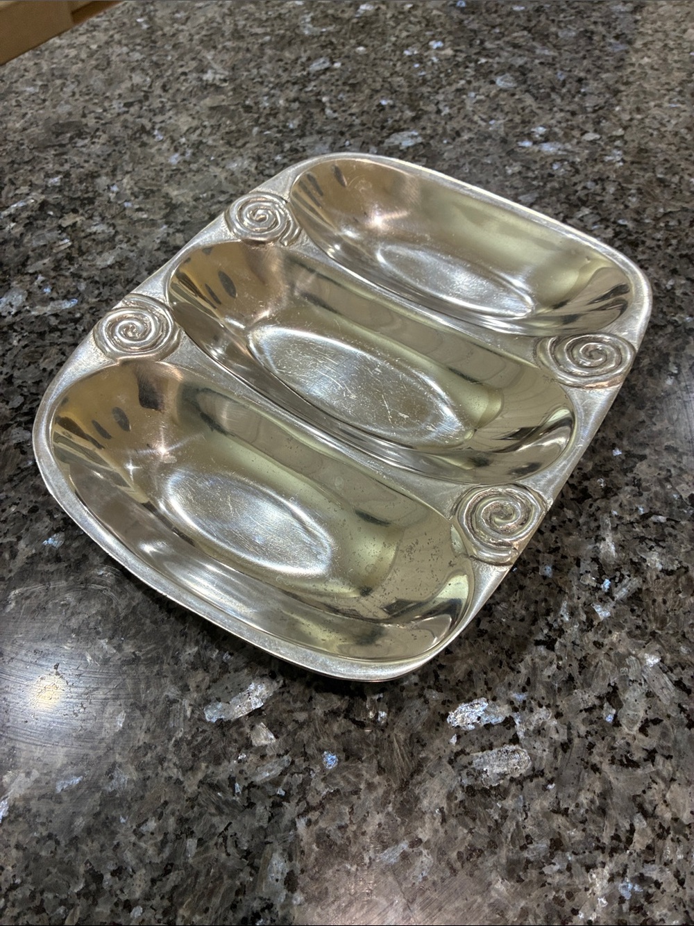 Pewter Three-Compartment Silver Serving Dish with Scroll Accents
